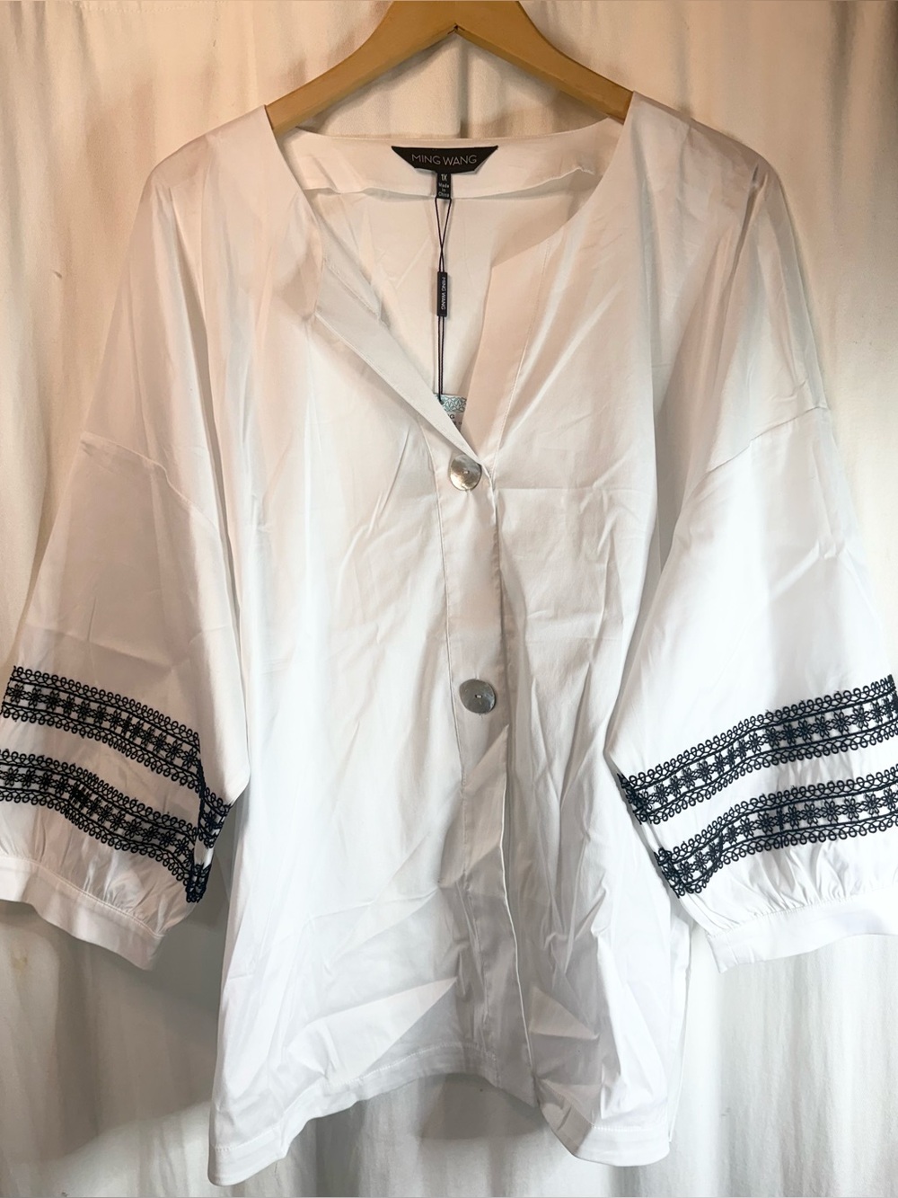 Ming Wang White Button-Front Top with Black Trim